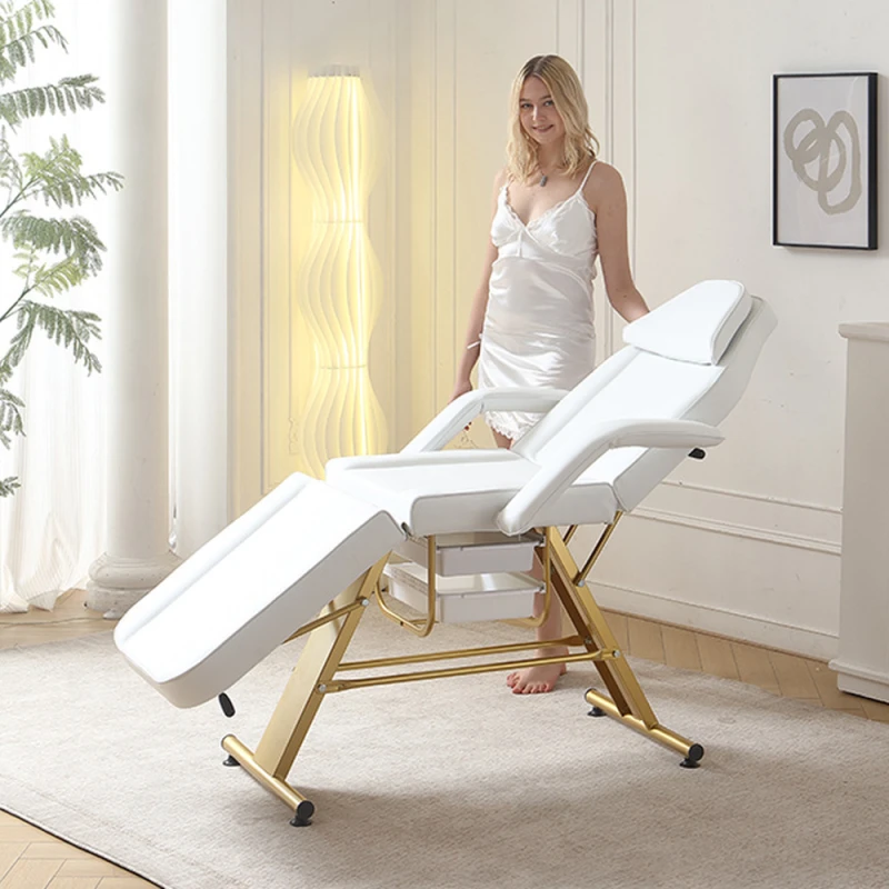 Łóżko kosmetyczne | fotel pedicure z kuwetami _biało-złote