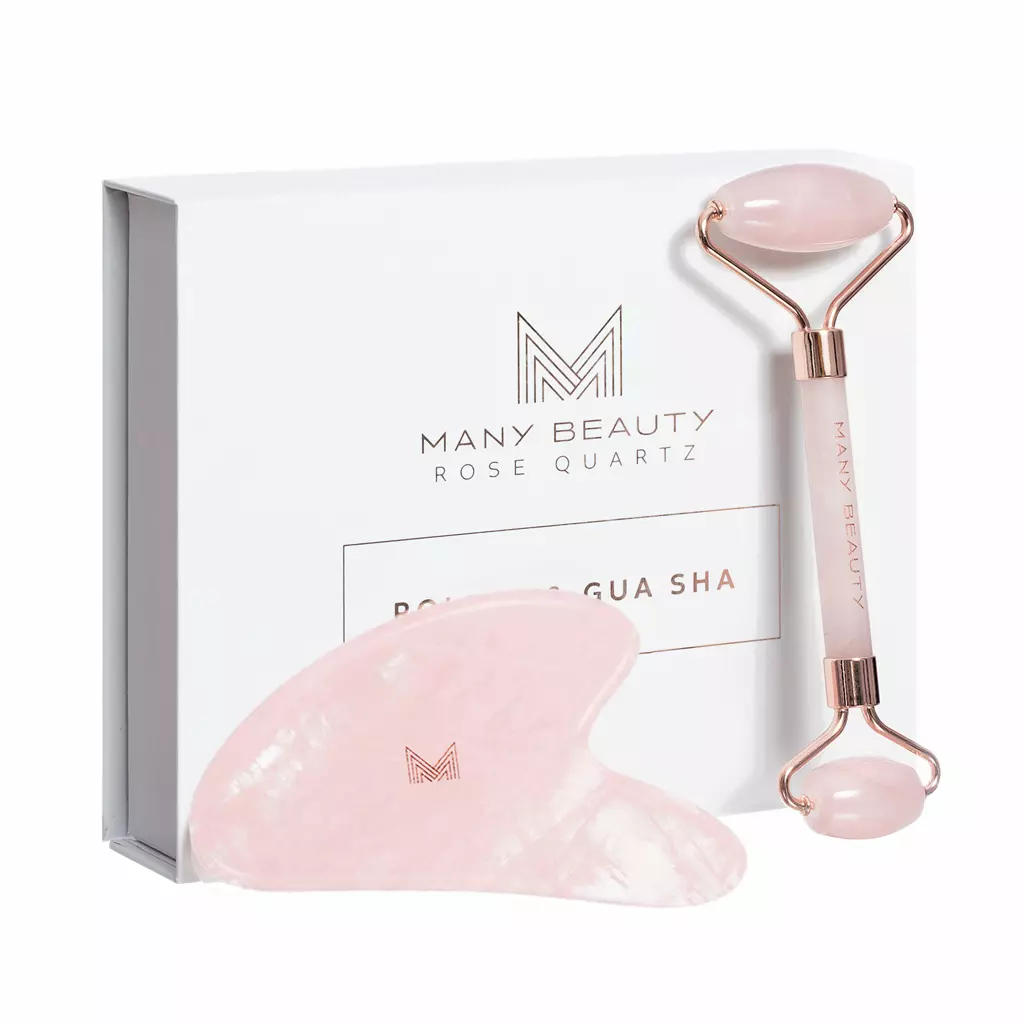 Kwarcowy roller - zestaw z płytką gua sha do masażu twarzy